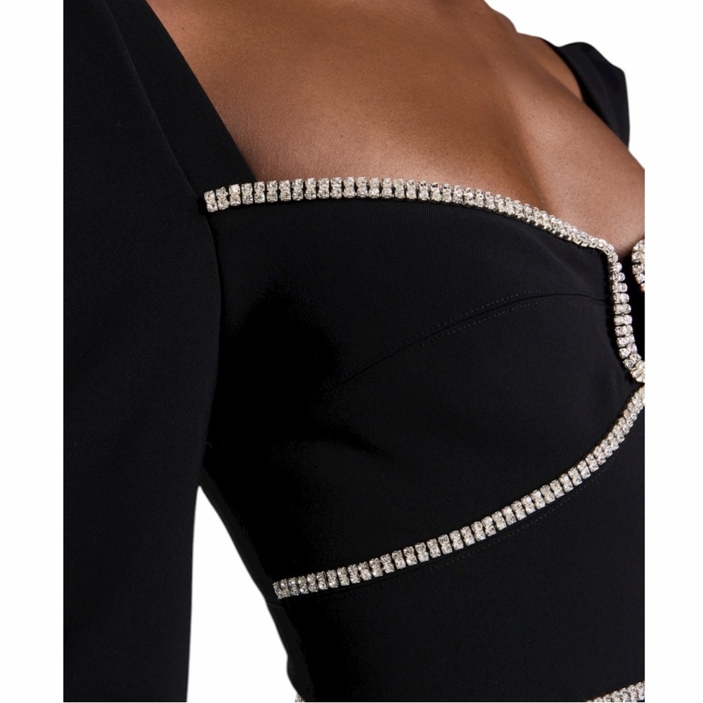 Self Portrait Black Crepe Diamante Detail Mini Dress, Size 8 - Picture 6 of 13